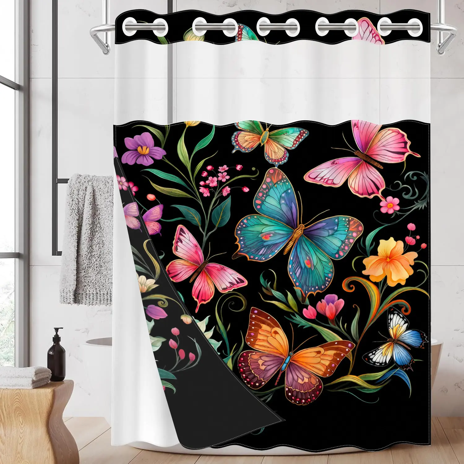 1PC 2D Flat Colorful Butterfly, Floral Vine & Black Background Pattern Double-Layer Woven Shower Curtain, No Hooks, Transparent Top Window, Removable Snap-On Liner, Vibrant Botanical Bathroom Art Decor, Bathroom & Holiday Decoration, Modern Shower Curtain