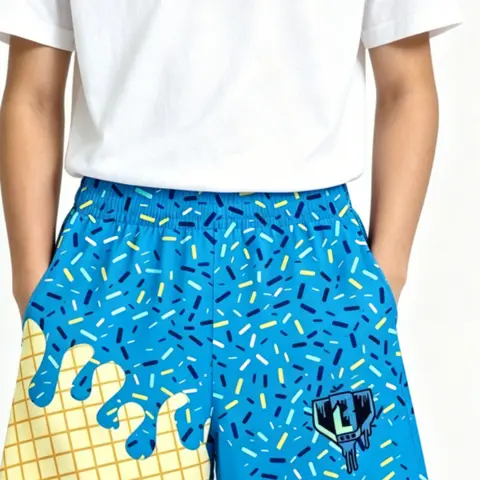 Waffle Dripping Ice Cream Printed Lightweight Shorts, Elastic Waist Summer Casual Beach Trunks for Boys & Girls, Knee-Length Loose Shorts