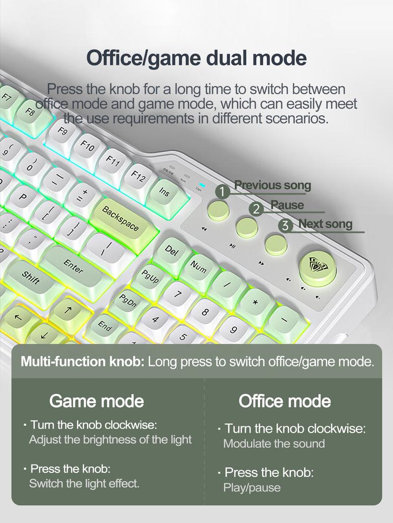 AULA F3099 membrane keyboard, features a 99-key layout, cool lighting effects, RGB Backlight Keyboard, supports wired and wireless connectivity, a 2000mAh rechargeable battery, quiet key presses, and compatibility with Windows/Mac/iOS devices. office use.