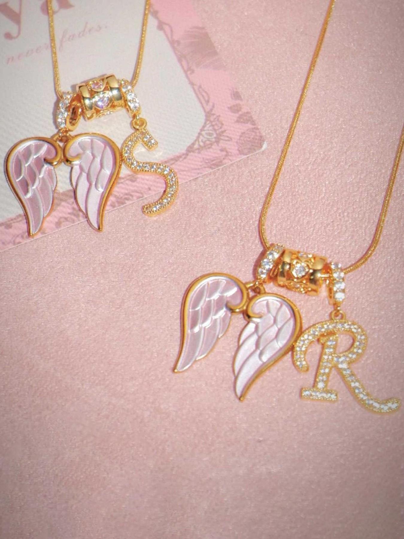 Vintage Sweet Style Wing Charm & 26 Letter Design Pendant Necklace, Women's Zircon Inlay Jewelry, Alphabet Letter Necklace