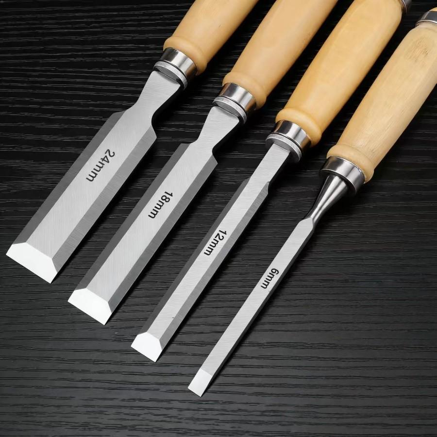 4-Piece Wood Chisel Set, High Carbon Steel with Birch Handle, 6/12/18/24mm, Ideal for Carving and Cutting, DIY and Professional Use