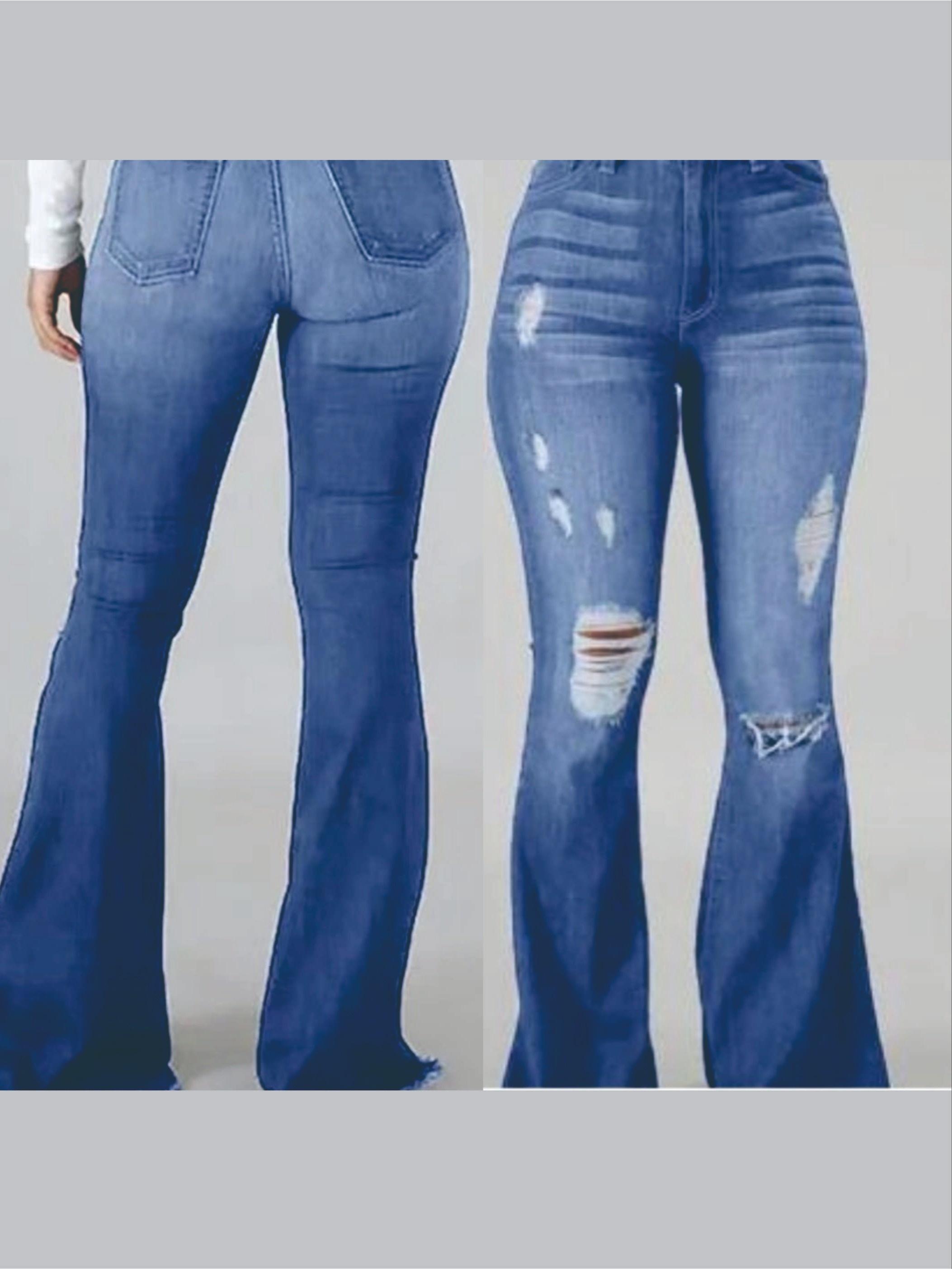 Women's Flared Pants High Waist Hole Slim Classic Flared Pants High Stretch Jeans Denim Comfort Basic Streetwear Minimalist Blue Womenswear Bottom Trouser Fitted Casual Vibe Style Women's Flared Pants High Waist Hole Slim Classic Flared Pants High Stretch Jeans Denim Comfort Basic Streetwear Minimalist Blue Womenswear Bottom Trouser Fitted Casual Vibe Style