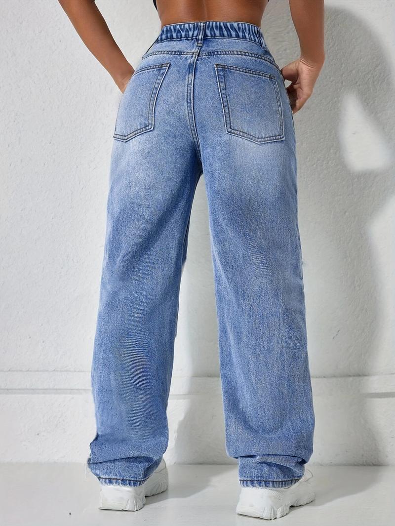 Elegant Fashion Street Style High Waist Ripped Denim Jeans, Spring Summer Fall Women's Loose Straight Leg Pants, Trendy Casual Wear