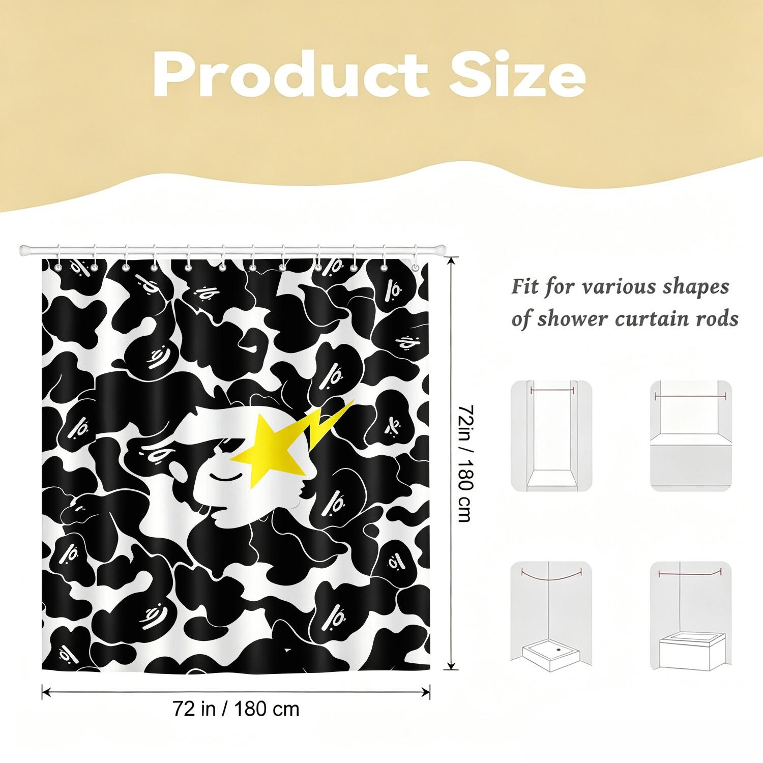 Black and White Camouflage Yellow Star Lightning Ape Head Print Aesthetic Shower Curtain, Waterproof Oxford 12 Hooks Easy Install, Privacy Bath Curtain, Streetwear Enthusiast Home/Dorm/Gaming Room Bathroom Decor