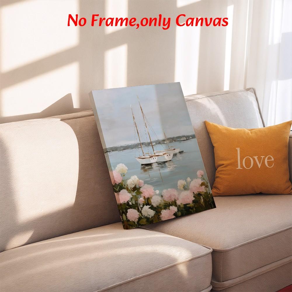Travel Wall Art, Sailboats On Lake With Hydrangea Poster, Coastal Oil Painting Style Printing, Soft Blue Pink Canvas Decoration, Living Room & Bedroom Aesthetic, Perfect Housewarming Gift, Framed.