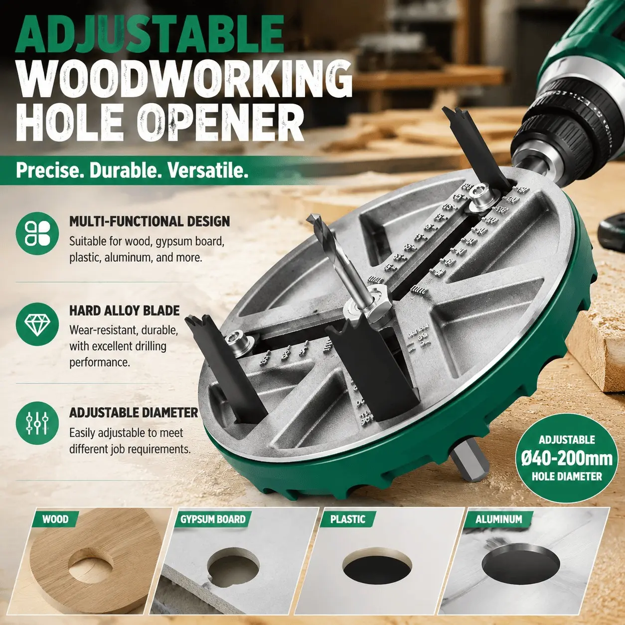 Adjustable round hole saw (45-130mm), replaceable drill bit, woodworking DIY hole enlarging tool, compatible with electric drills, for making round holes in wood boards, plasterboards, and plastics, a multi-functional drilling tool for renovation.