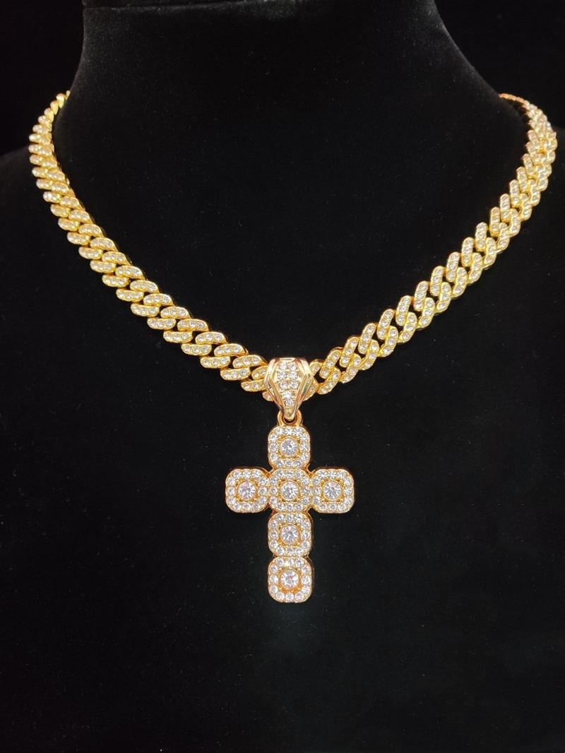 Hip Hop Artificial Diamond Cross Pendant Necklace As Gift, Rhinestone Cuban Chain Link Necklace for Men Women, Streetwear Matching Chunky Rhinestone Decorated Jewelry for Daily, Stylish Accessory, Unique Gifts for Women, Cuban Link Design, Cuban Necklaces