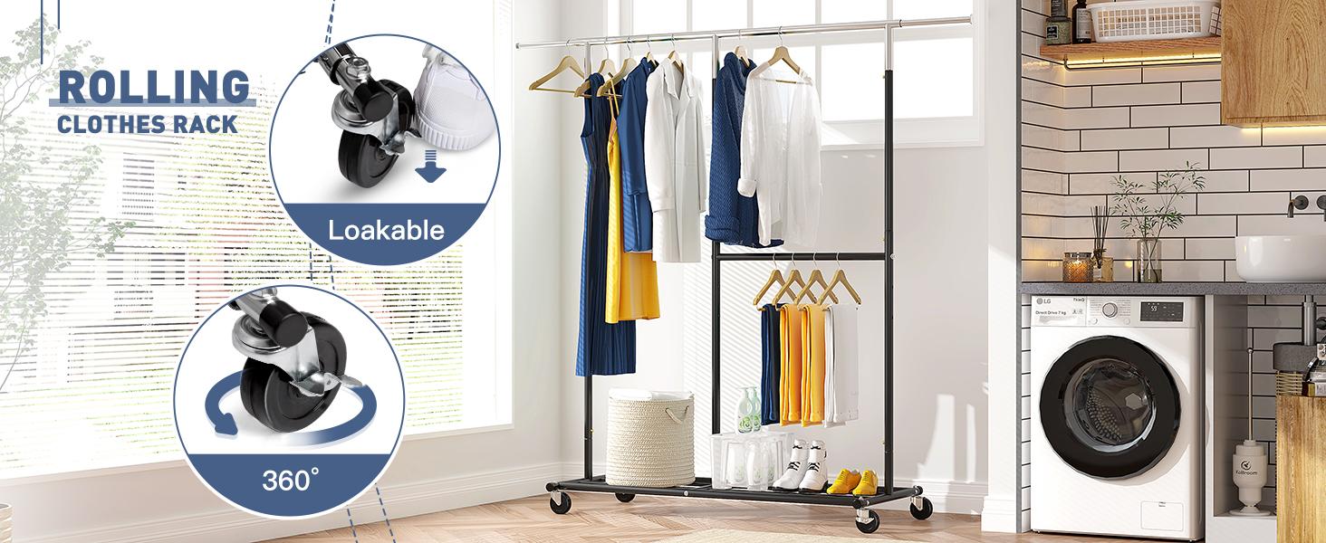 Raybee Furniture Clothes Rack Heavy Duty 450LBS Clothing Racks for Hanging Clothes Rolling Clothes Rack, Metal Clothing Rack with Wheels Collapsible & Commercial Garment Rack Portable Clothes Rack 【Black Friday】