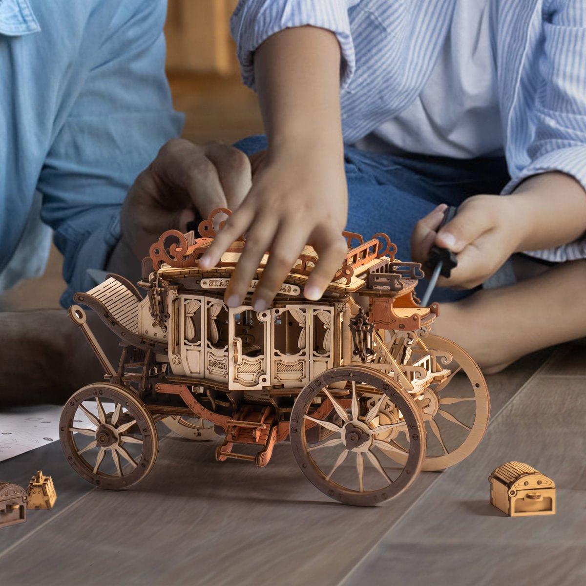 【self-assembly puzzle】ROKR Stagecoach Mechanical Music Box 3D Wooden Puzzle AMKA1