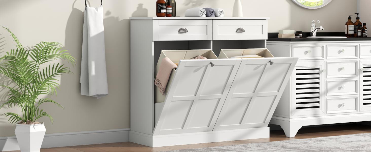 Double Tilt Out Laundry Hamper Cabinet, Hidden Laundry Cabinet with 2 Drawers & 2 Laundry Storage Baskets, 30 Gallon Trash Can Cabinet, Storage Cabinet for Bathroom, Laundry Room,Kitchen, White Double Tilt Out Laundry Hamper Cabinet, Hidden Laundry Cabinet with 2 Drawers & 2 Laundry Storage Baskets, 30 Gallon Trash Can Cabinet, Storage Cabinet for Bathroom, Laundry Room,Kitchen, White