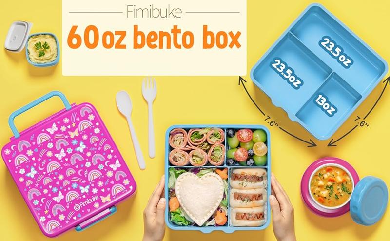 Product Introduction of Fimibuke Bento Box, BPA Free & Leakproof Lunch Box with 8.5oz Insulated Thermos Food Jar, Utensils & Sauce Jar, Dishwasher Safe 3 or 4 Compartment Container for School Girl & Boy dealsforyoudays 0