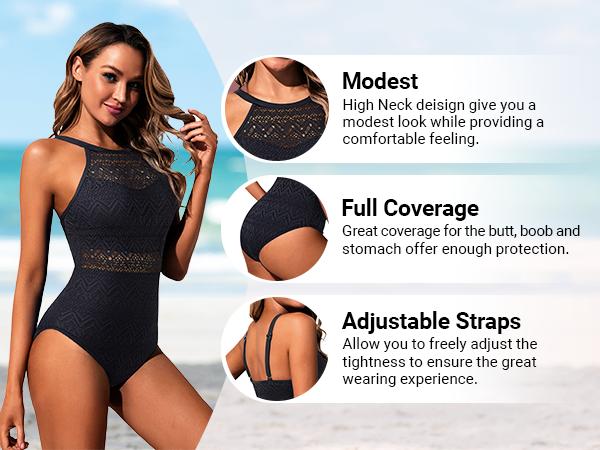 Holipick Lace Women High Neck One Piece Swimsuit Sexy Crochet Bathing Suit Tummy Control Swimwear