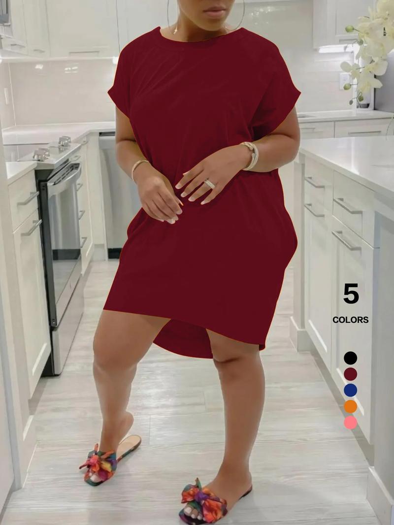 Women's Solid Color Batwing Sleeve Hidden Pocket Tee Dress, Casual Fashionable Daily Wear, Comfortable & Stylish Design