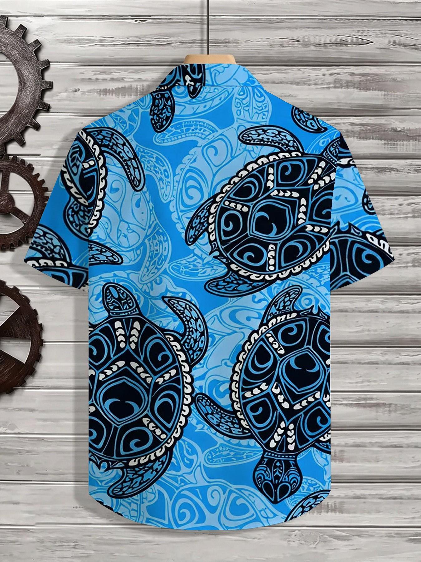 Men's Hawaiian Tropical Vacation Short Sleeve Collared Casual Shirt, Hawaiian Tropical Patterns, Blue Bottom Tribe Totem Turtle Print, Menswear