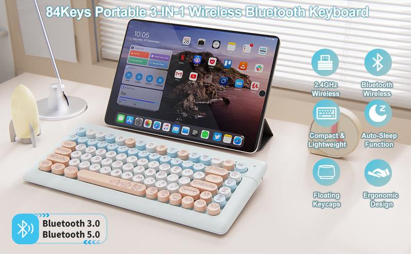 Wireless Bluetooth Keyboard for Mac, iPad, iPhone, PC, and Android—Connect Up to 3 Devices, Portable 84-Key Retro Typewriter Style, Light Blue
