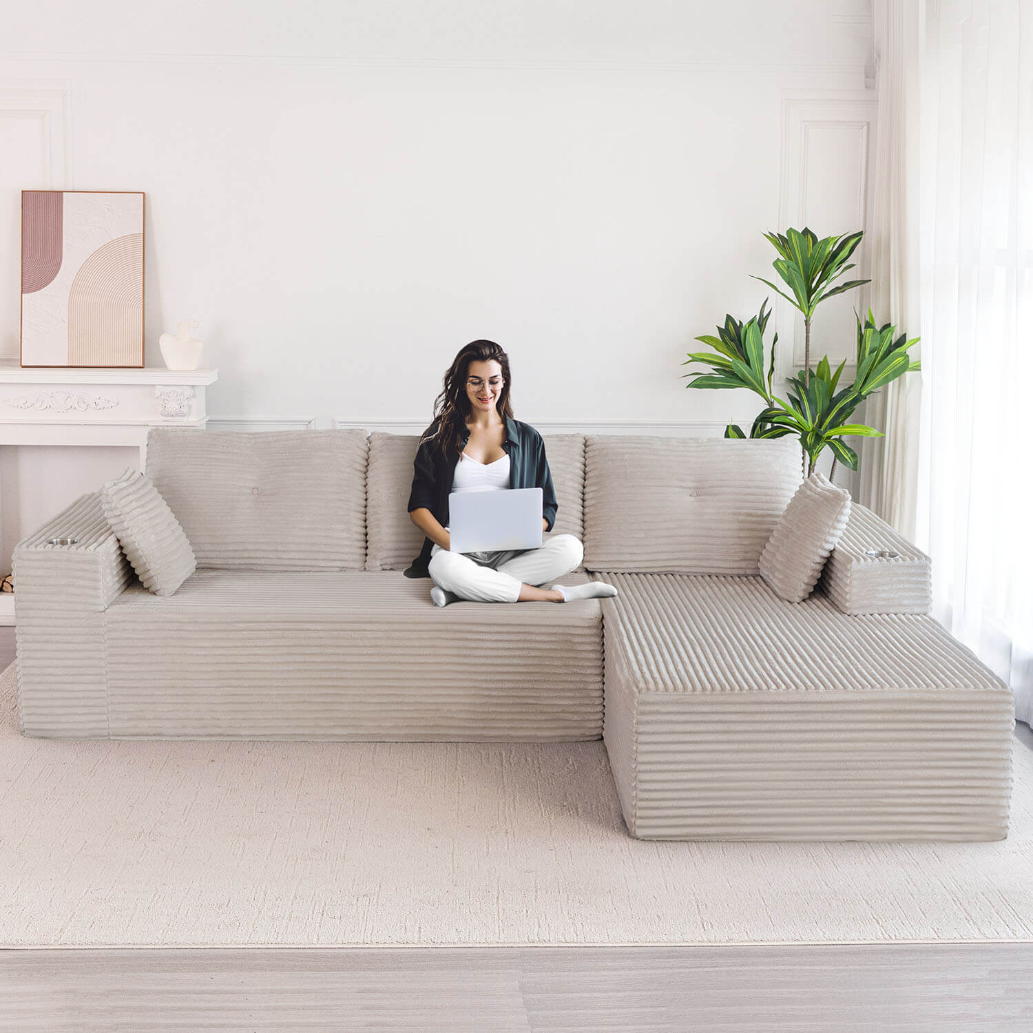 MAXYOYO Titan L-Shaped Sofa, 104" Modular Couch, Corded Cloud Sectional Floor Sofa, Cozy for Living Room or Apartment, 104"*65"*31.5", 2 Cupholders Design MAXYOYO Titan L-Shaped Sofa, 104" Modular Couch, Corded Cloud Sectional Floor Sofa, Cozy for Living Room or Apartment, 104"*65"*31.5", 2 Cupholders Design