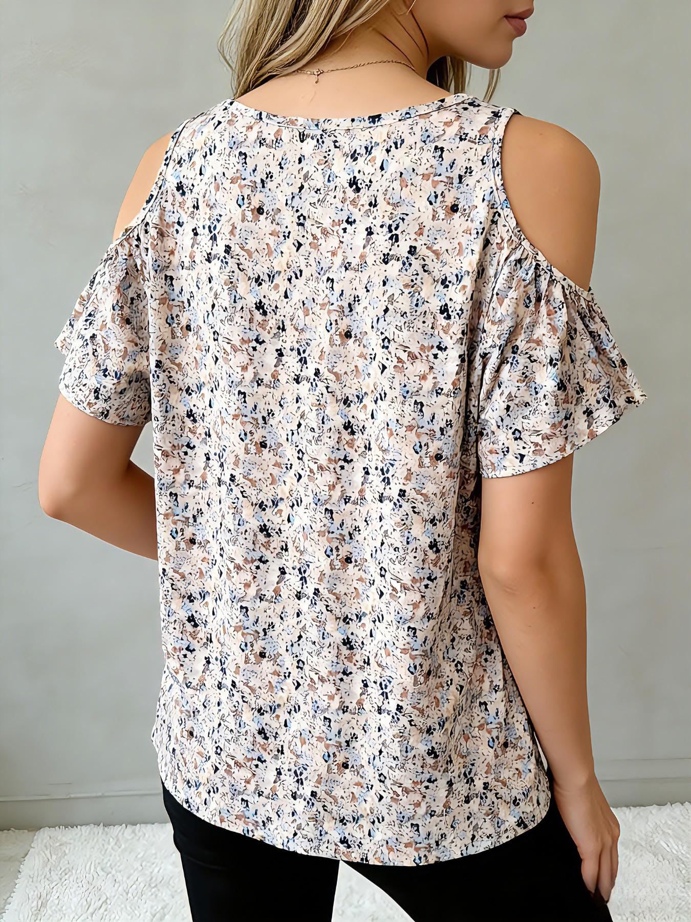 Plus Size Vintage Ditsy Floral V Neck Off-Shoulder Short Sleeve T-Shirt, Loose-Fit Ruffle Hem, Casual Daily Wear Top