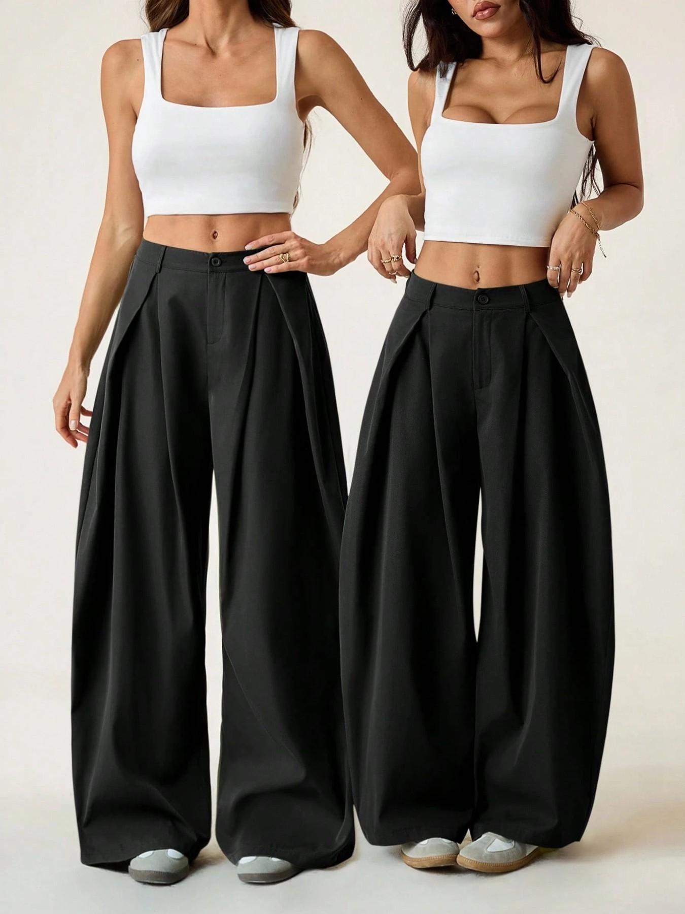Women's Vintage Casual Street Style Loose Fit Pants, Elastic Waist Wide Leg Trousers, Retro Fashion Bottoms for Daily Wear