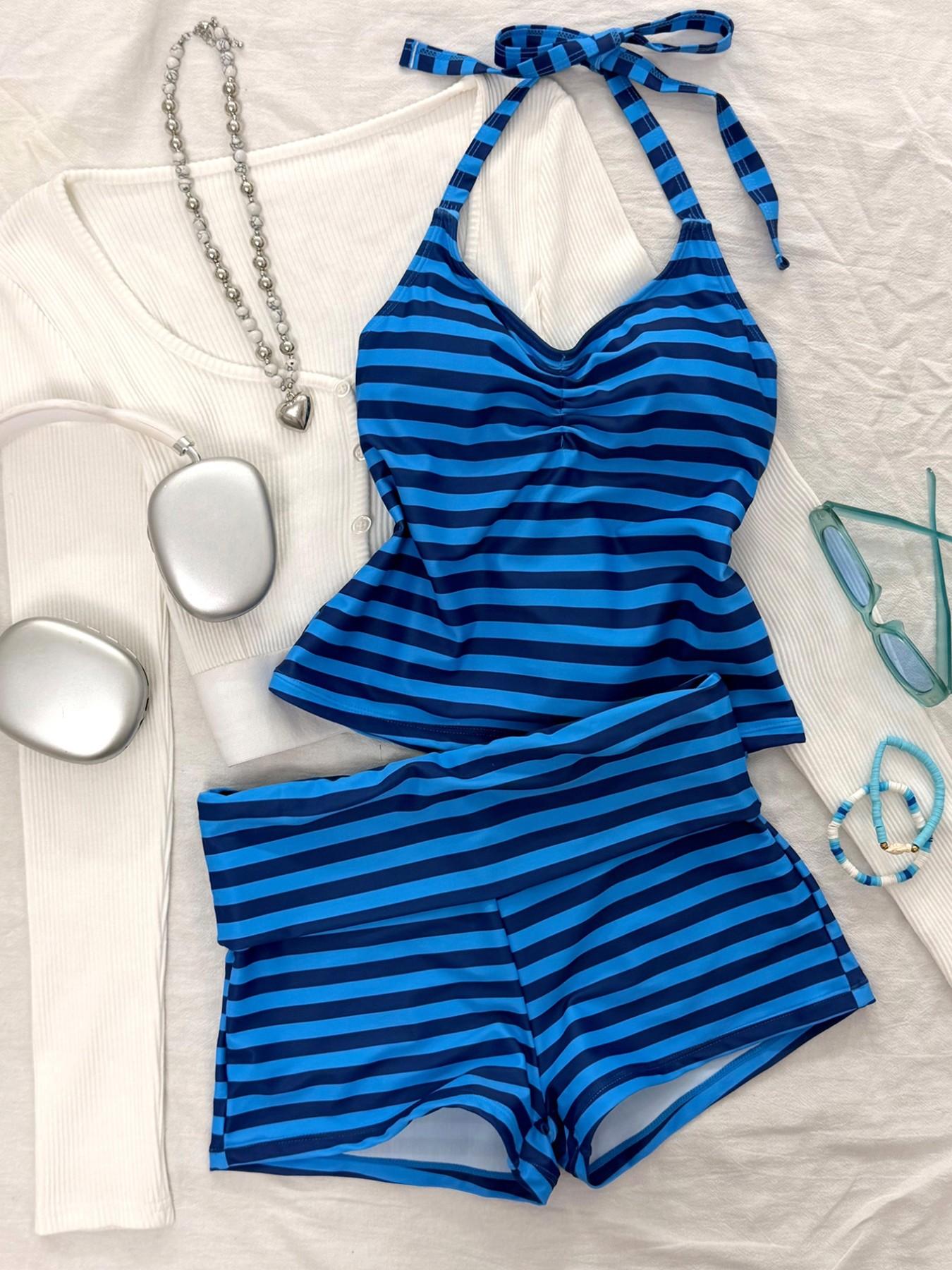 Women's Swimsuit tankini,elegant and Sexy stripe Print crop top halter  swimsuit boyshort short pants for Vacation ,Beach Outfits,pool and sporty outfit, For Autumn And Winter  SS26 spring and summer Sporty Appeal Striking Stripes Striped swimsuits