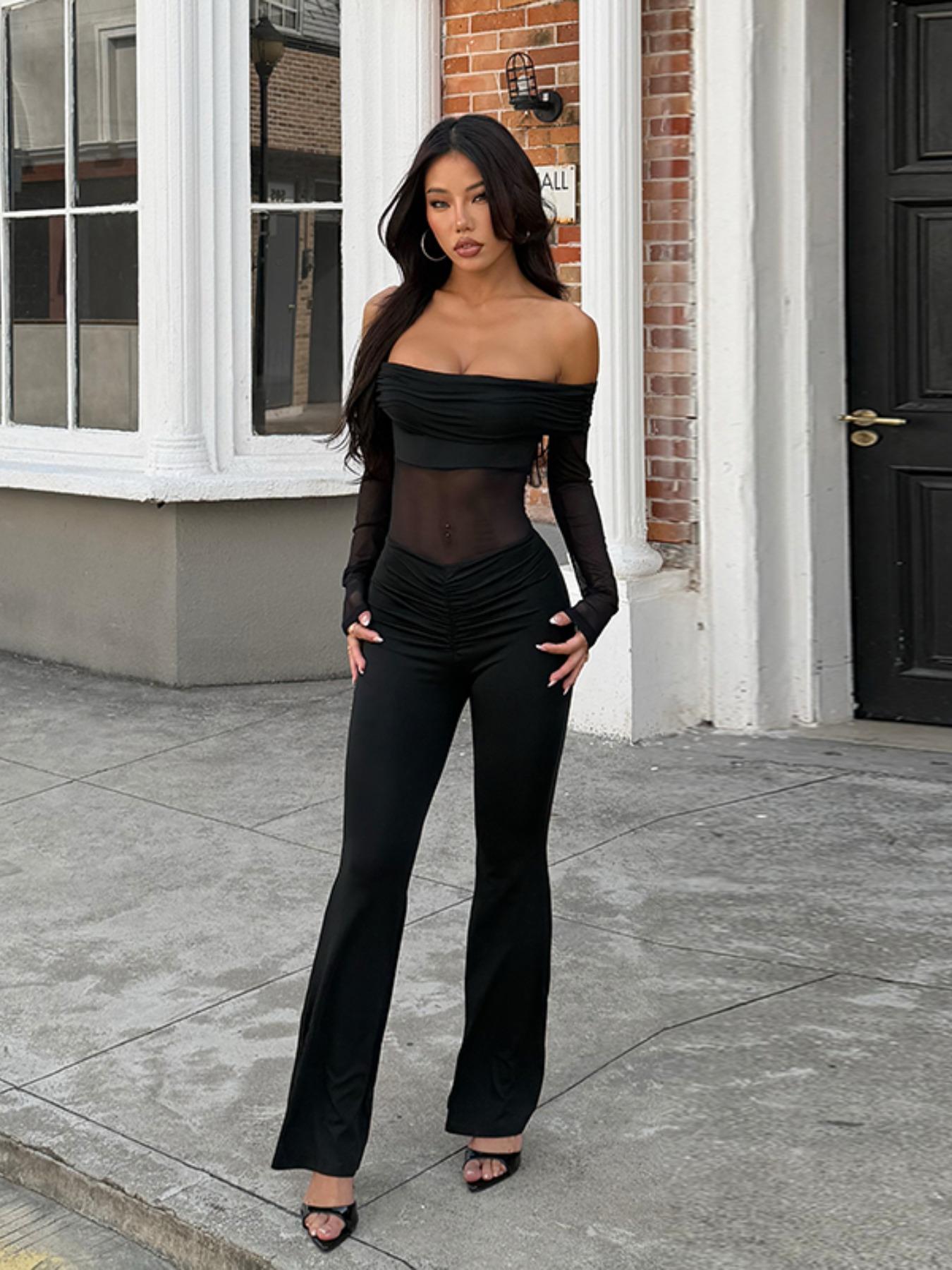 Women's Solid Color Long Sleeve Jumpsuit, Fashion Casual Off Shoulder Jumpsuit for Daily Outdoor Wear, Women Jumpsuits for Summer