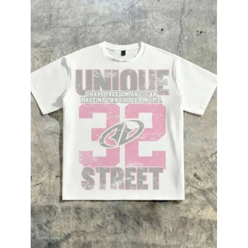 Unique 32 Street Pink Distressed Number Text Tee 180g 100% Cotton Oversized Multi Color Y2K Grunge Streetwear Unisex Top