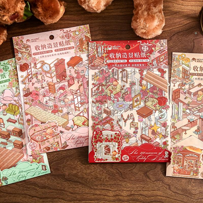 Romantic Bear Romantic House Series Scene Sticker Set, 4 Pieces, Floral Pattern Sticker, Decorative Wall Decals, Perfect for Home Decoration