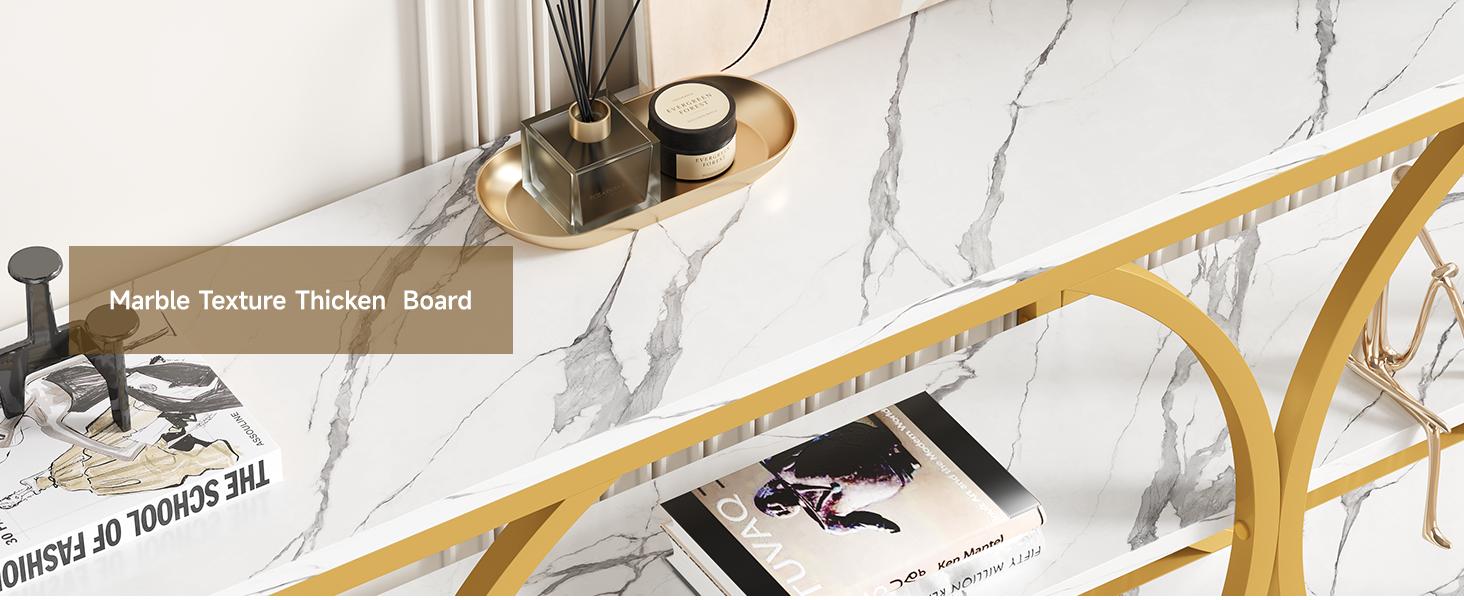 【SPOTLIGHT DAY】ONBRILL 70.8 inch Extra Long Entryway Table,Narrow Sofa Table Behind Couch with 3 Tier Storage Shelves for Hallway, Living Room,Console Table with Gold Frame & Faux Marble Tabletop