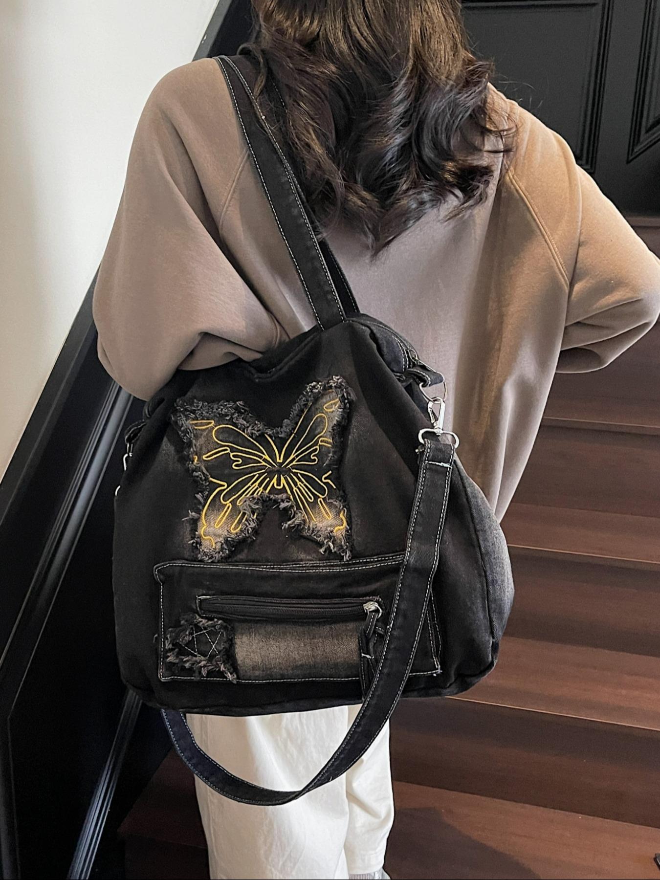 Women's Butterfly Embroidery Denim Tote Bag, Fashionable Large Capacity Shoulder Bag for Daily Used, Casual Trendy Versatile High-quality Daily Commuting Bag