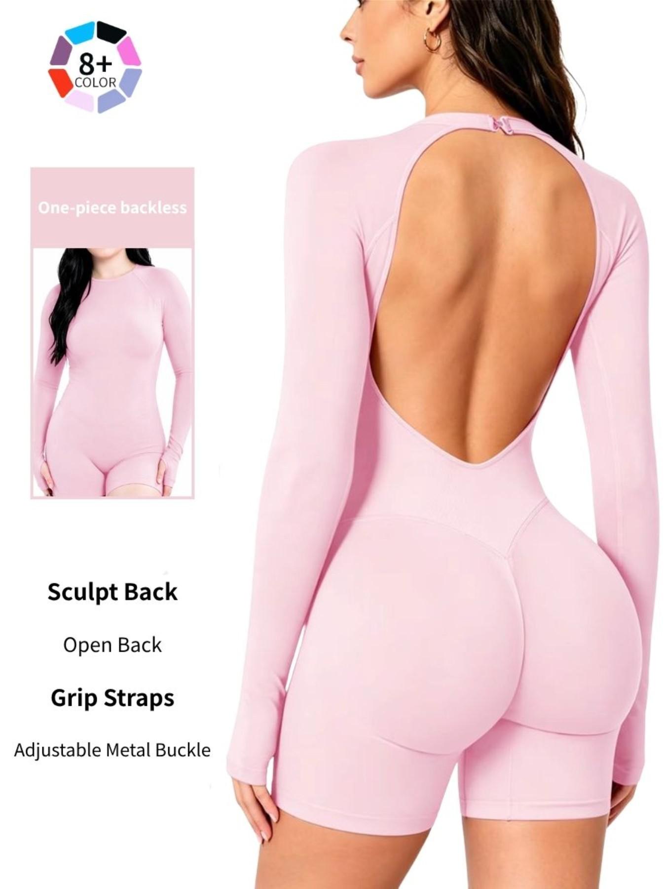 Women's All-Season Long Sleeve Backless Workout Jumpsuit, Tummy Control & Butt Lifting, Stretchy Slim Fit Gym Bodysuit for Pilates & Running, Backless Activewear