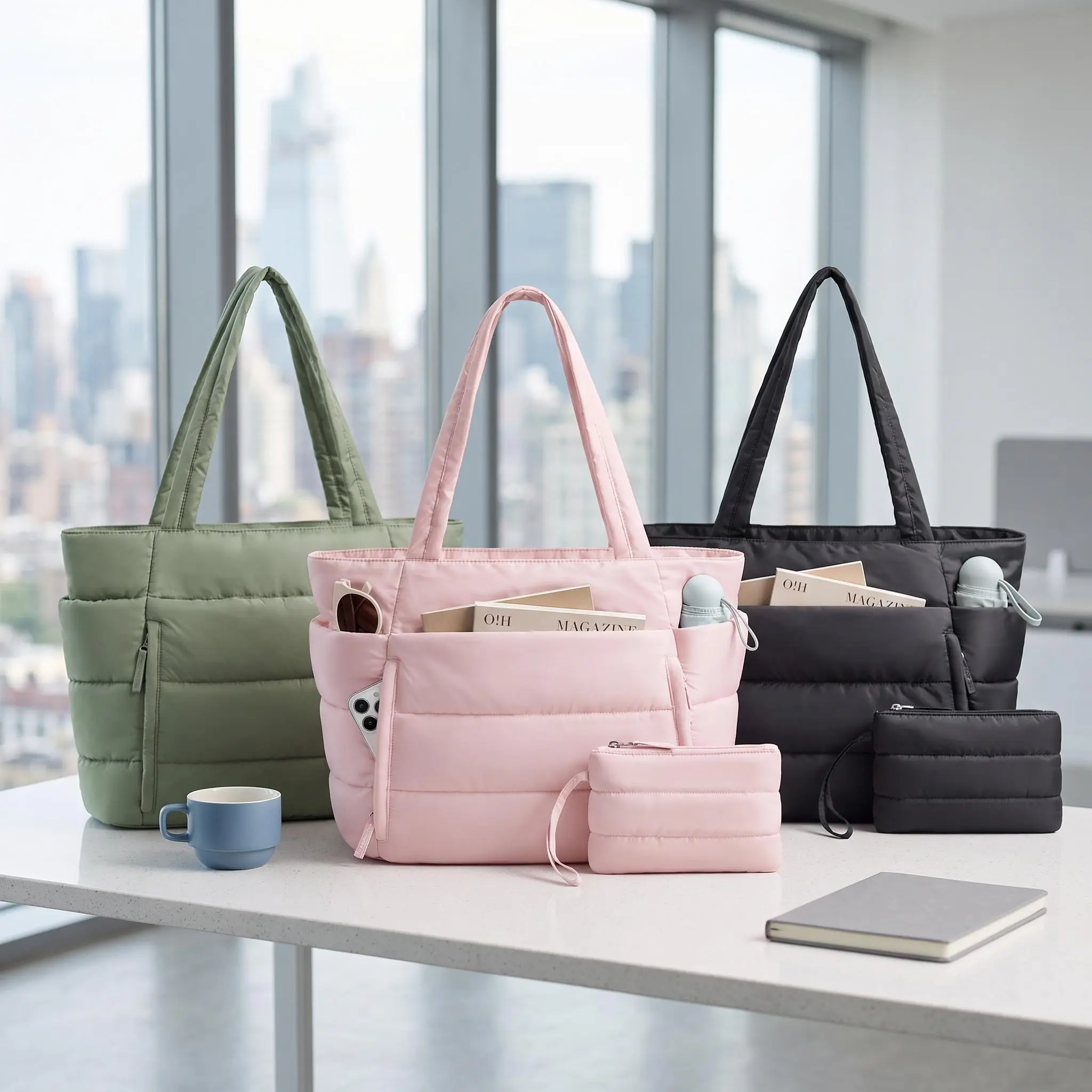 Women's Large-Capacity Quilted Down-Style Tote/Shoulder Bag (includes a small pouch); features a multi-pocket design—lightweight and practical—suitable for commuting, school, and travel, and fits a 15.6-inch laptop.