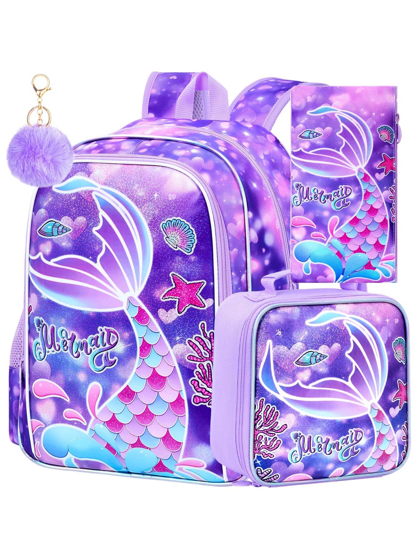 3Pcs Mermaid Backpack for Girls, 16" Kids Fishtail Bookbag with Lunch Box, Cute Schoolbag for Preschool Kindergarten Toddler(Rainbow)
