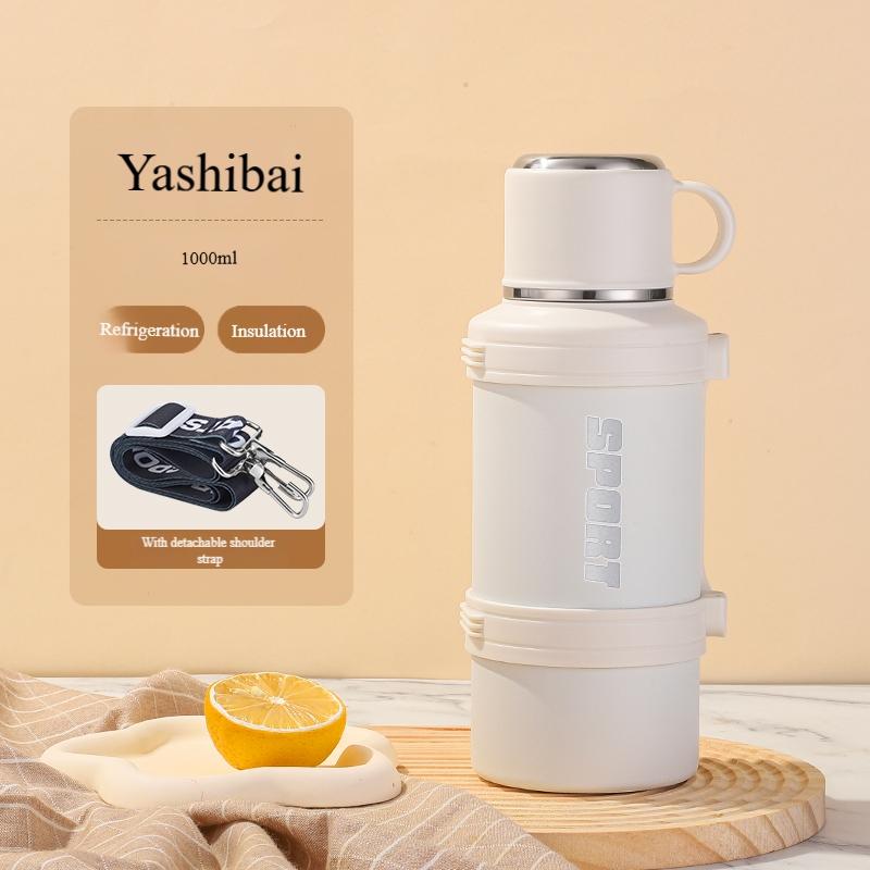 1L Large Capacity Stainless Steel Water Bottle with Foldable Handle and Leak-Proof Lid, Insulated for Hot/cold Drinks, Portable for Gym Camping Office Travel