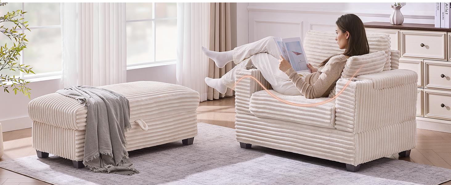 【SPOTLIGHT DAY】ONBRILL Corduroy Oversized Chair with Ottoman, 44" Wide Armchair with Cup Holders & USB Port, Reading Chair w/Storage Armrest, Easy Assembly, Comfy Single Sofa Bed for Living Room, Apartment