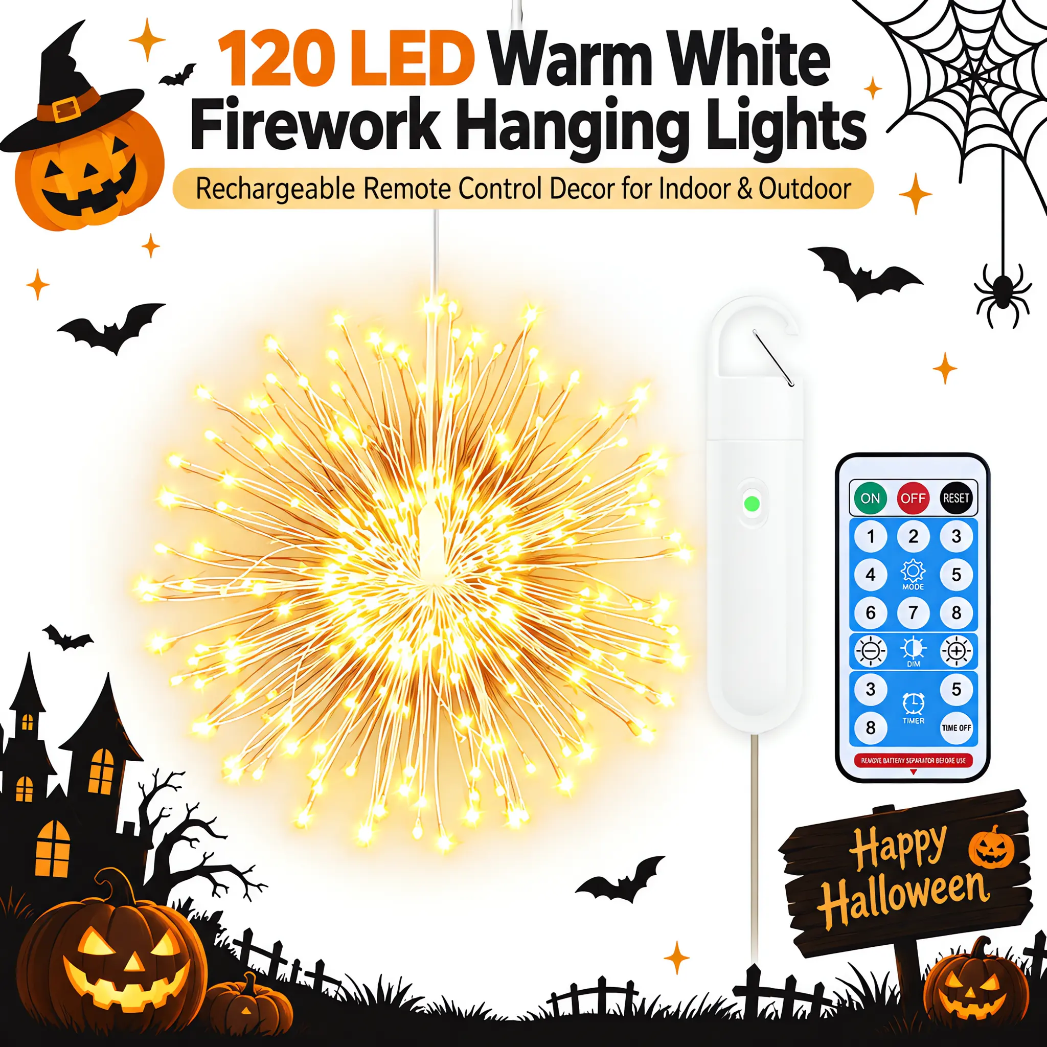 120 LED Warm White Firework Hanging Lights Rechargeable Remote Control Decor for Indoor & Outdoor Halloween Party