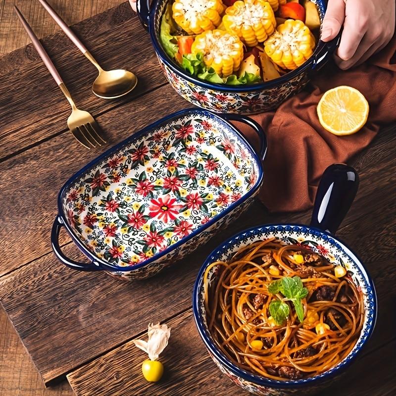 Floral Ceramic Baking Dish, Rectangular Casserole Dish, Bakeware, 730ML Rectangular Serving Bowl with Handle, Ideal for Rice, Salad & Cheese, Elegant Kitchen Accessory