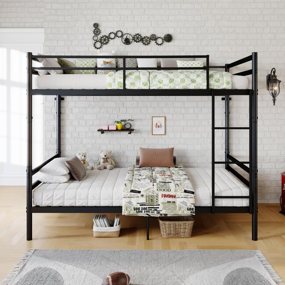 Twin Over Twin Metal Bunk Bed with Ladder and High Guardrail - Convertible Splittable Bunk Bed Frame with Under Bed Storage Space, Noise Free, BLACK