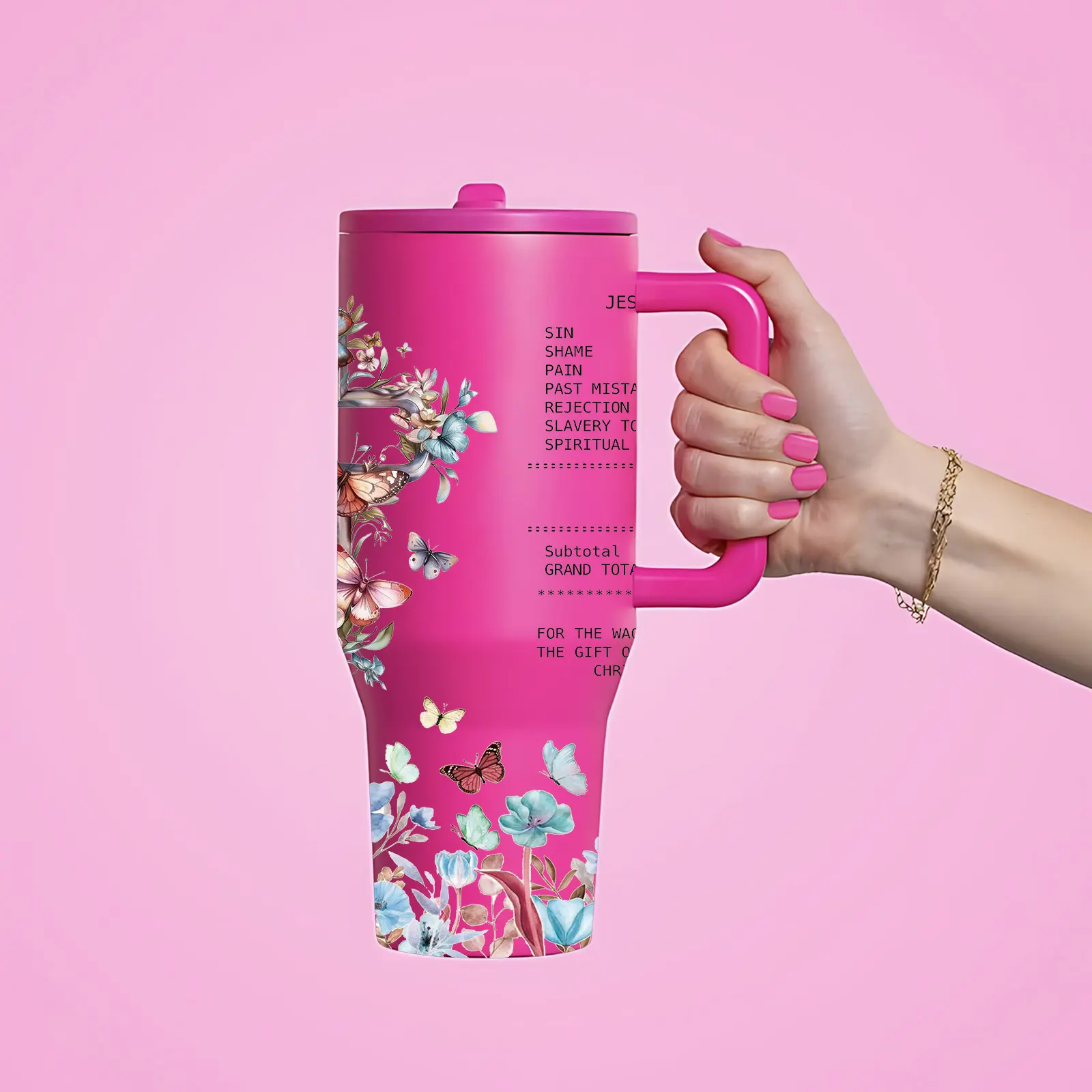 1 Pc 40oz insulated mug Tumbler, Christian Bible verse floral cross butterfly design, double wall vacuum insulated, leak proof lid with handle, keeps hot 12 hours and cold 24 hours, for hot cold drinks, office travel gym, faith gift for women men, holiday