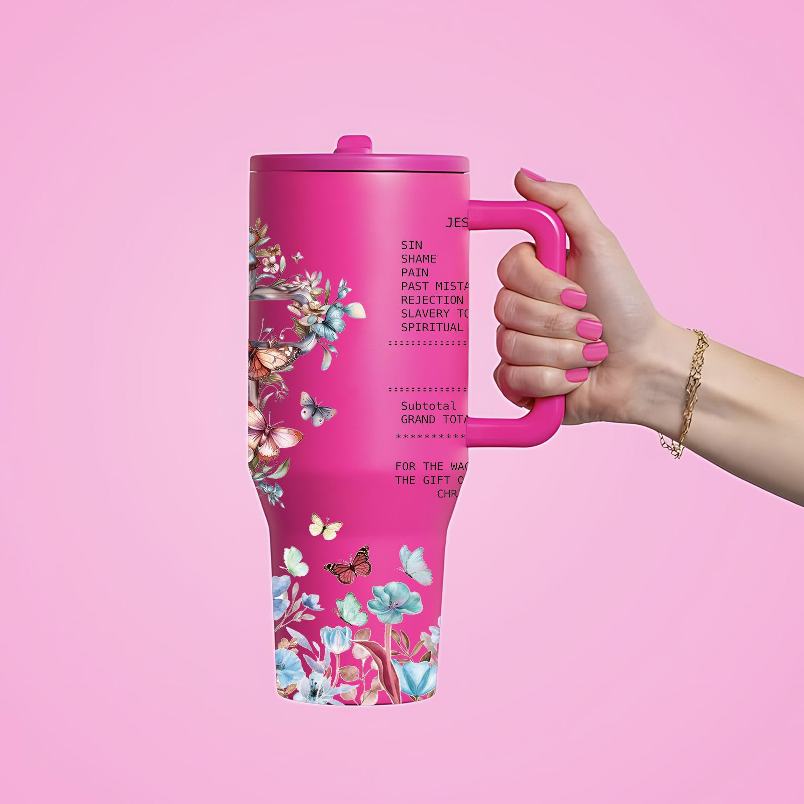1 Pc 40oz insulated mug Tumbler, Christian Bible verse floral cross butterfly design, double wall vacuum insulated, leak proof lid with handle, keeps hot 12 hours and cold 24 hours, for hot cold drinks, office travel gym, faith gift for women men, holiday