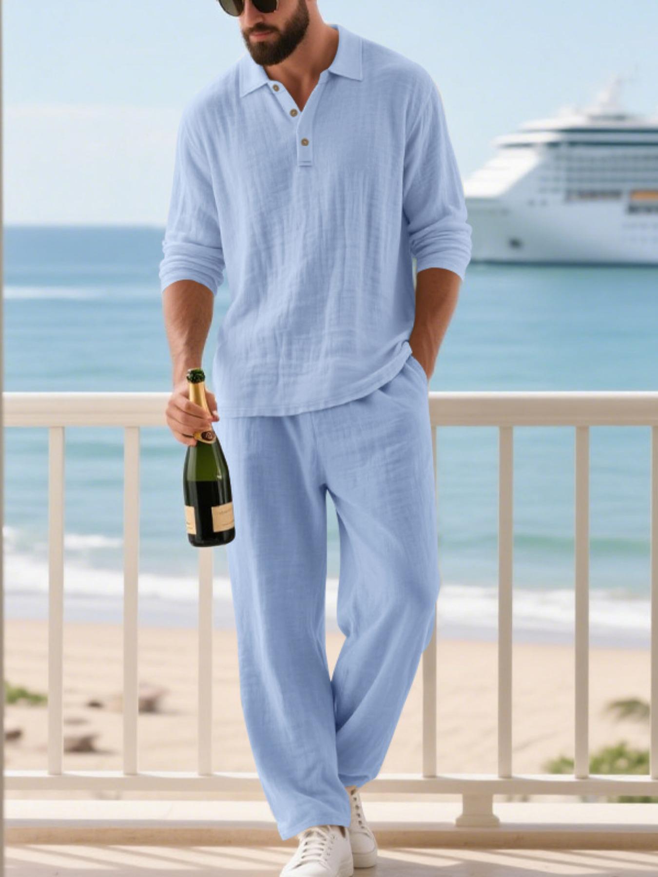 Men's Linen Polo Shirt & Pants Set, Classic Casual Loose-Fit Long Sleeve Top, Spring & Fall Woven Fabric for Daily Wear