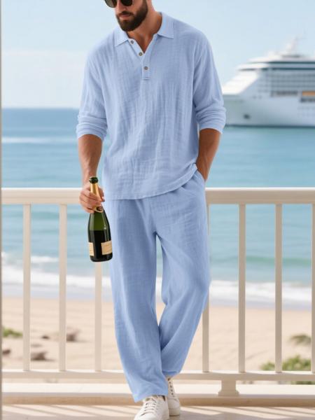 Men's Linen Polo Shirt & Pants Set, Casual Loose-Fit Long Sleeve Top, Spring & Fall Woven Fabric for Daily Wear