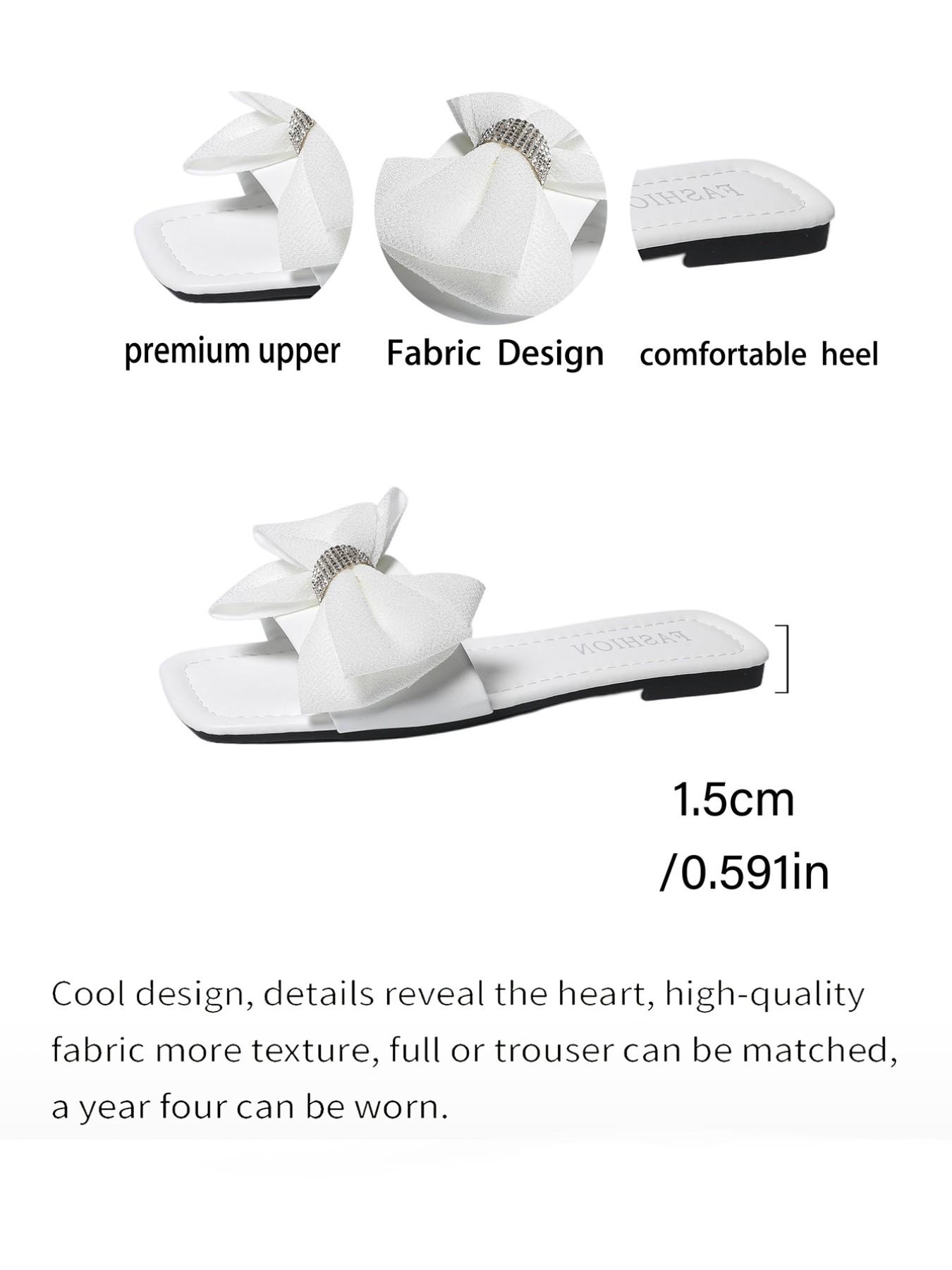 French Bow Rhinestone Square Toe Sandals, Soft PU Leather, Durable Rubber Sole, Casual Beach Slip-Ons for Women, Footwear