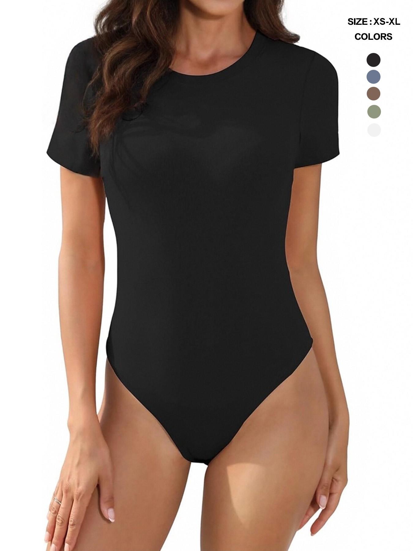 Body Suits for Womens Short Sleeve Round Neck Casual Stretchy Basic T Shirt Bodysuit Tops Underwear