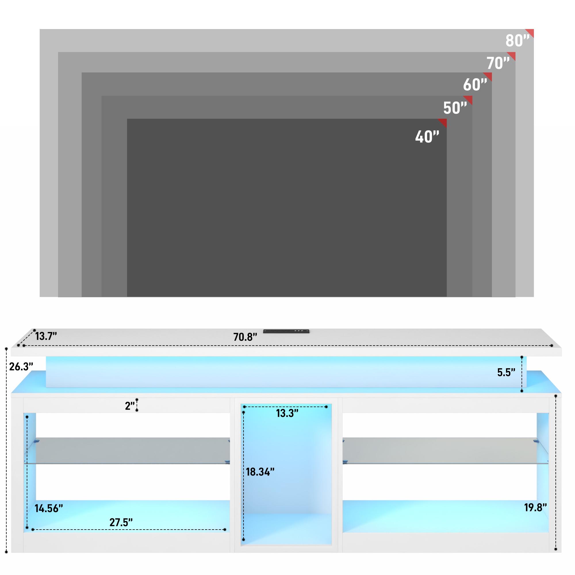 71"/80.7" LED TV Stand with Power Outlet,60-Colors LED Lights For 65 70 80 90 in TV,High Gloss Gaming Entertainment Center w/Adjustable Shelves,TV Console with Modern Design for Living Room Bedroom (Black/White)