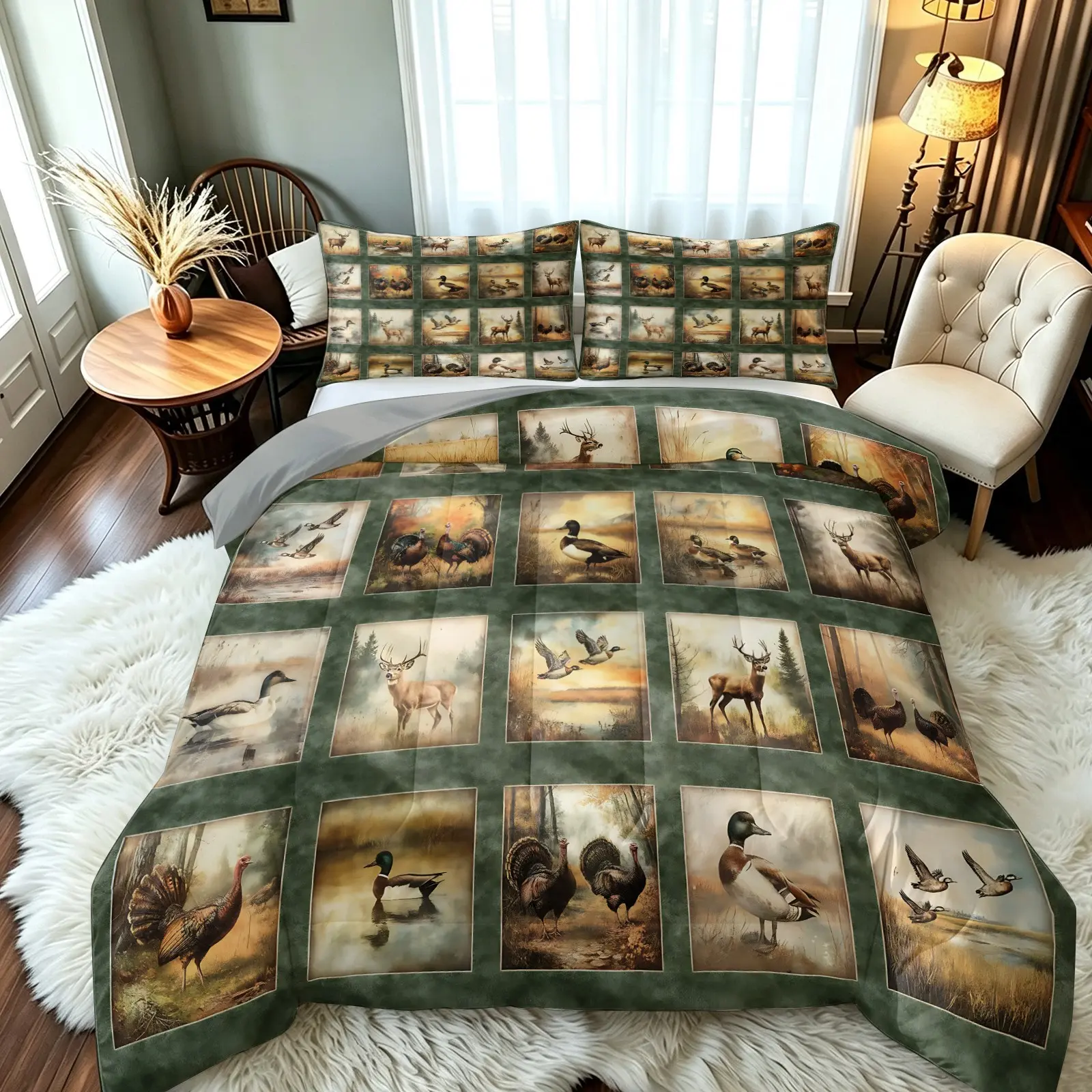 Wildlife Hunting Patchwork Comforter Set, 1 Quilt & 2 Pillowcase, No Pillow Insert, Vintage Deer Duck Turkey Nature Print Bedding Set, Soft All Season Fabric, Rustic Cabin Gift for Hunters Adults Bedroom Decor