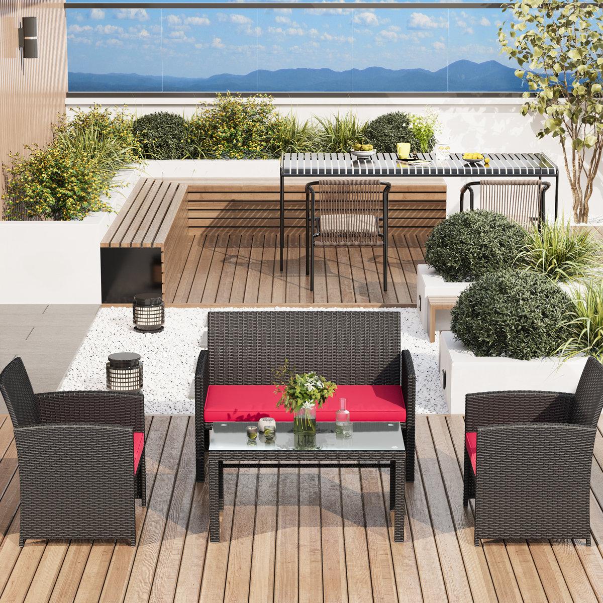 4-Piece Wicker Patio Sofa Set with Cushions & Glass Coffee Table, Compact Outdoor Furniture for Backyard & Poolside (Does not include pillow)