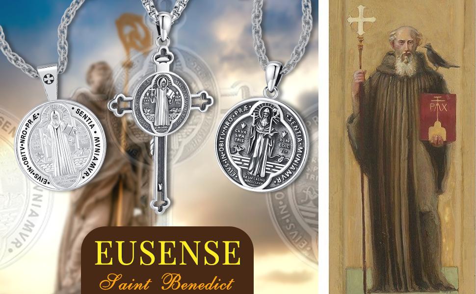 DRINSPER San Benito plata 925 colgante collar, Saint Benedict Pendant Necklace, 925 Sterling Silver, Vintage St Benedict Medal, Christians Belief Religious Jewelry Gift for Men Women