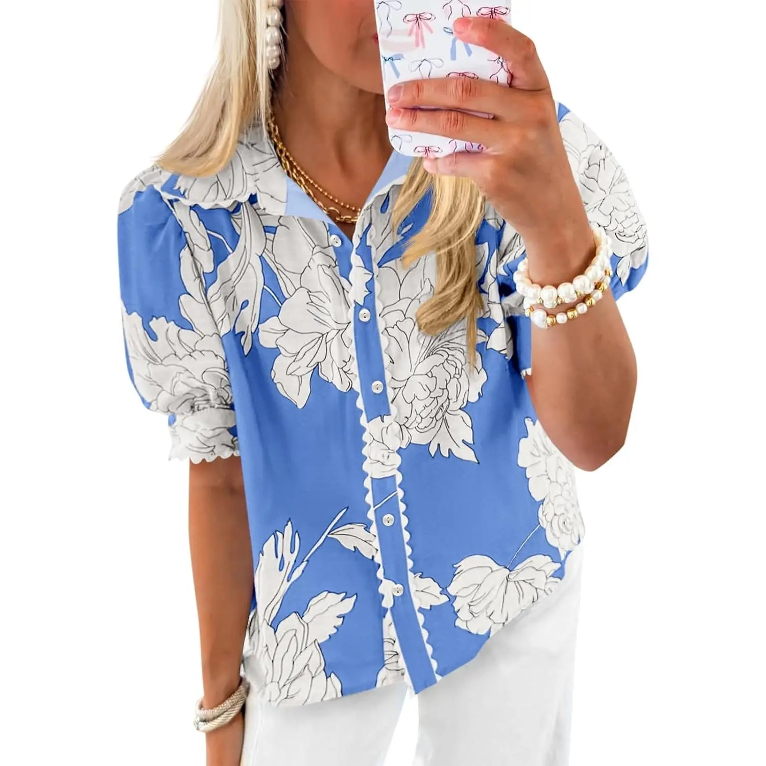 Cicy Bell Womens Puff Sleeve Button Down Shirts Floral Print Summer Casual Tops Boho Loose Fit Collared Blouse
