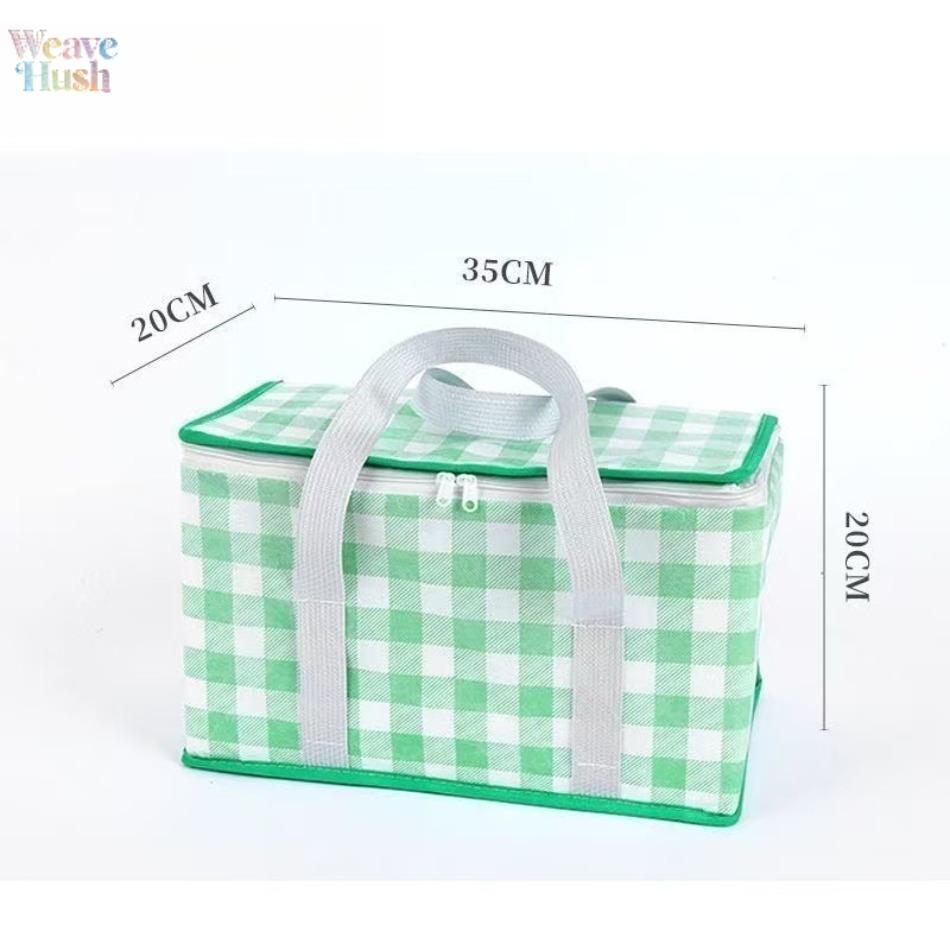 Striped Grid Polyester Cooler Bag, Large Capacity Portable Insulated Lunch Tote, Foldable with Matching Mat for Camping & Picnics, Cooler Bags, Synthetic, Insulated Bag
