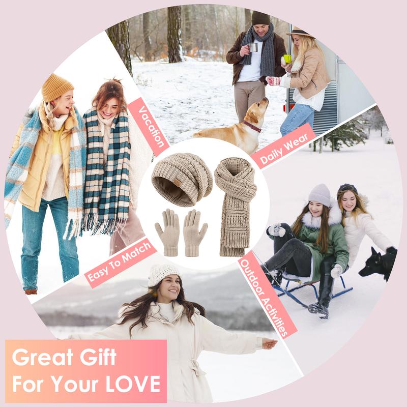 Warm Fleece Winter Beanie Hat Scarf Touchscreen Gloves Set for Women & Men 3PCS Christmas Gifts