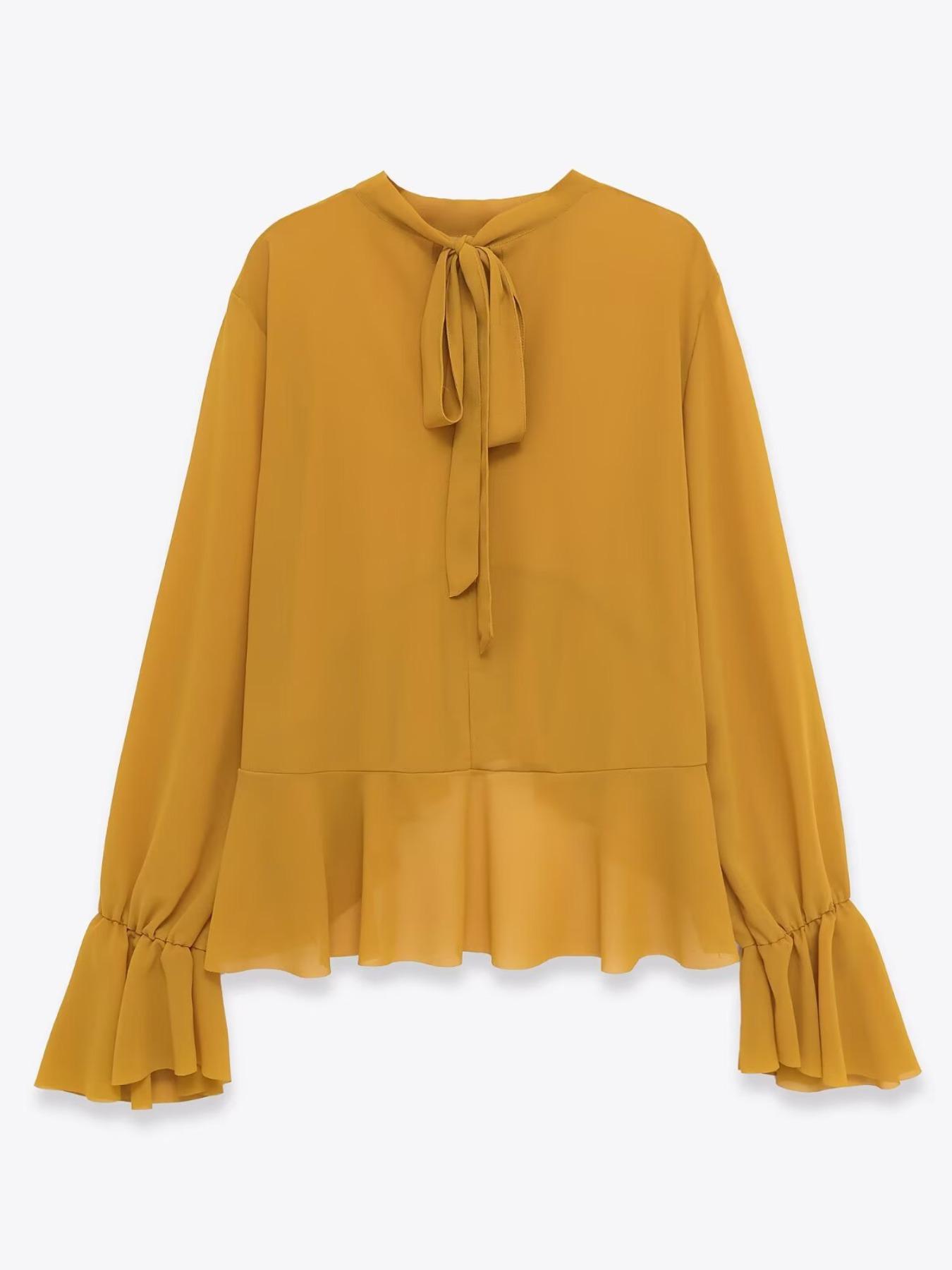 Women's Simple Round Neck Long Sleeve Shirt, Layered Decoration, Adjustable Bow Back, Asymmetric Hem, Wrinkled Pure Color Top, Blouse